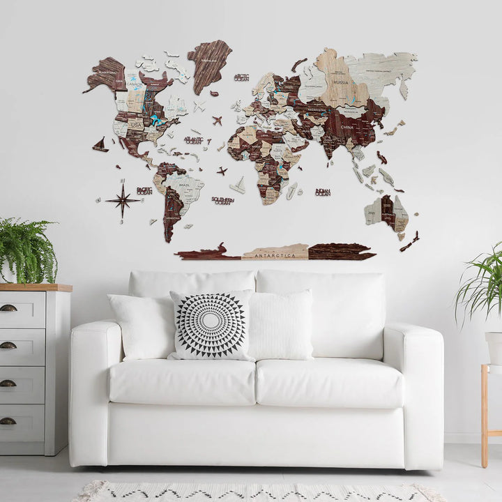 3D Wooden World Map, Cappucino