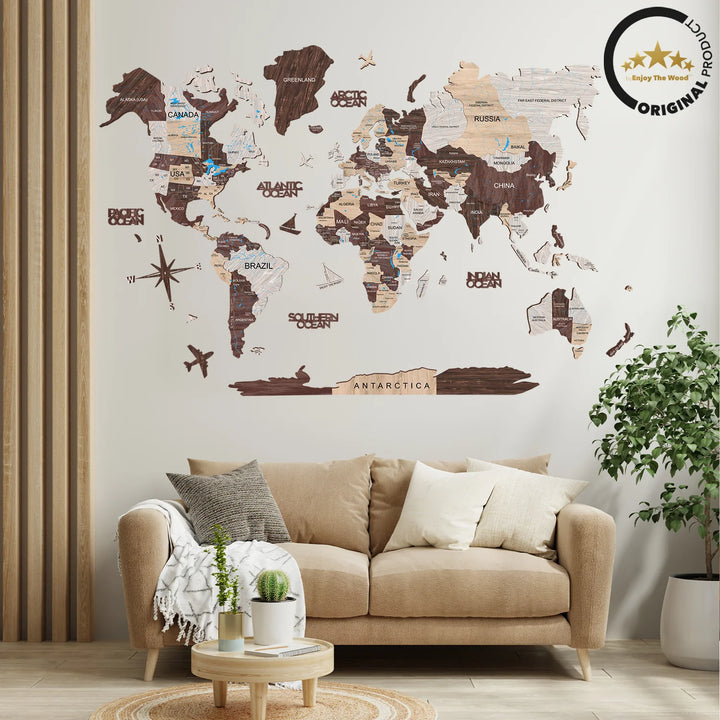 3D Wooden World Map, Cappucino