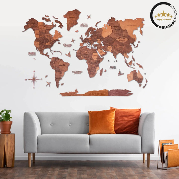 3D Wooden World Map, Oak