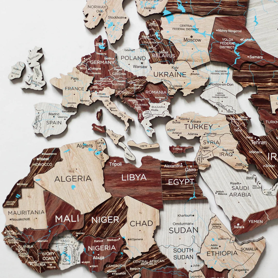 3D Wooden World Map, Cappucino