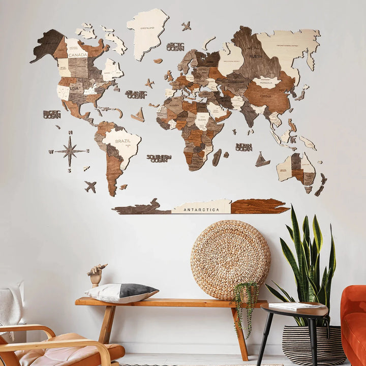 3D Wooden World Map, Multicolor