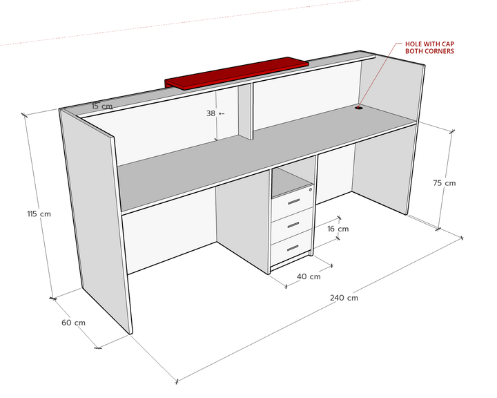 Ace Reception Counter for 2 persons, 240 x 60 x 115 h cms, Custom Made