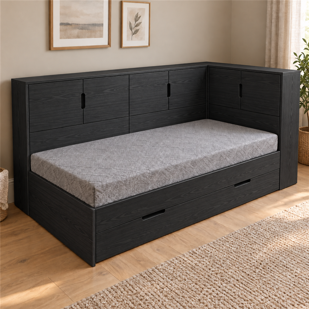Alam Corner Bed with drawer & storage doors