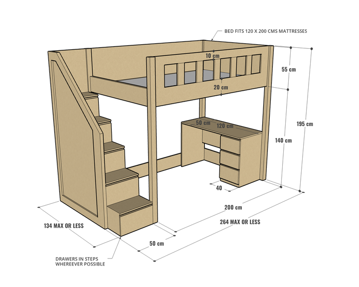 Allan Loft Bed with Study Desk, 140 x 200 cms / 120 x 200 cms