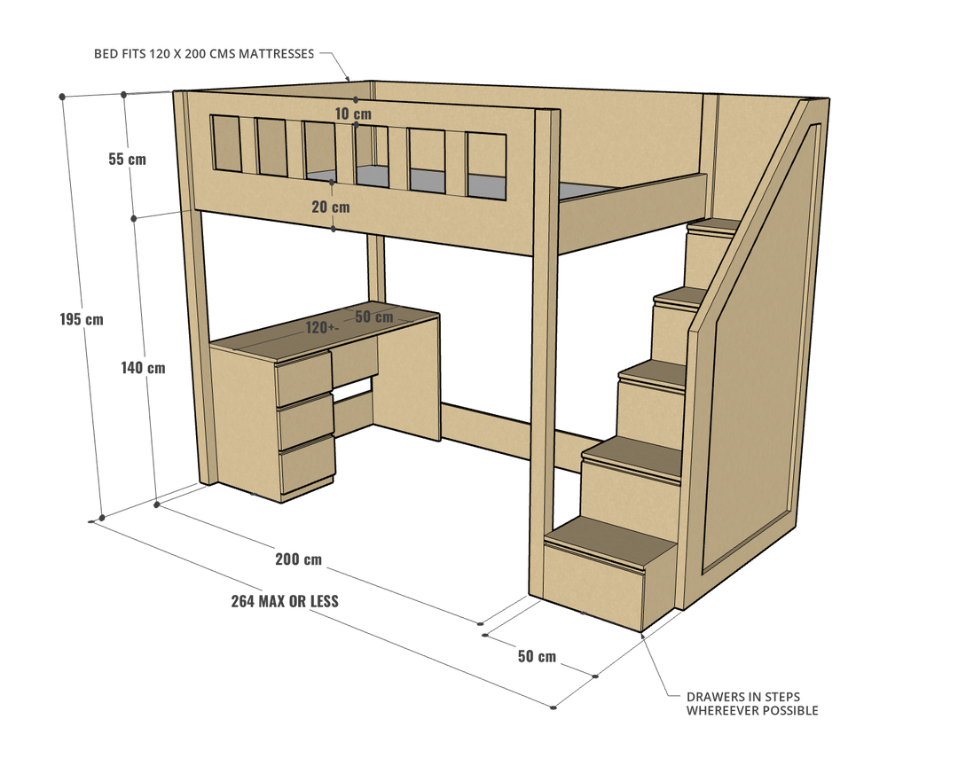 Allan Loft Bed with Study Desk, 140 x 200 cms / 120 x 200 cms