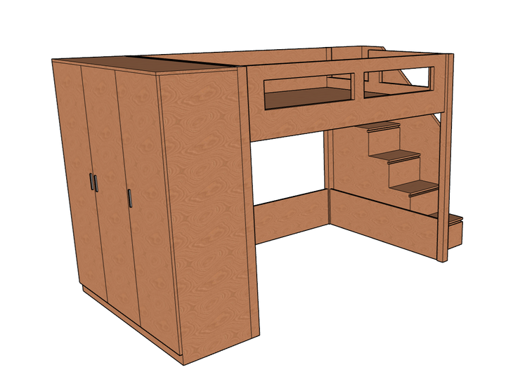 Elega Loft Bed with Cupbaord, Queen Size fits 150 x 200 cms mattresses