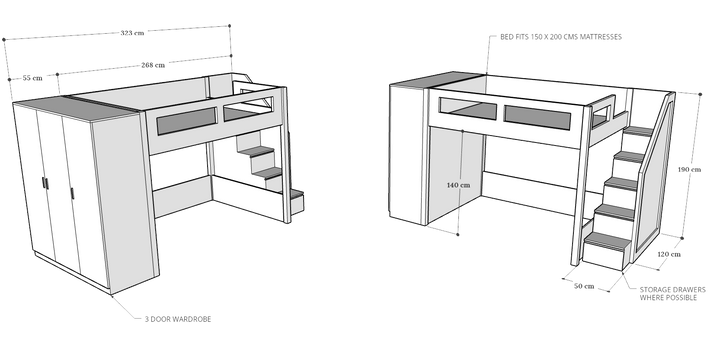 Elega Loft Bed with Cupbaord, Queen Size fits 150 x 200 cms mattresses