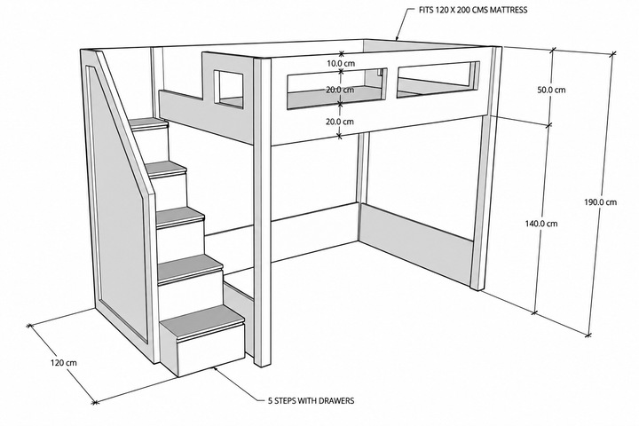 Elega Loft Bed, fits 120 x 200 cms Mattress