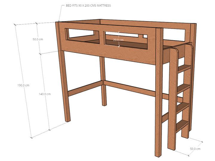 Elgo Loft Bed, fits 90/120/150 x 200 cms Mattress