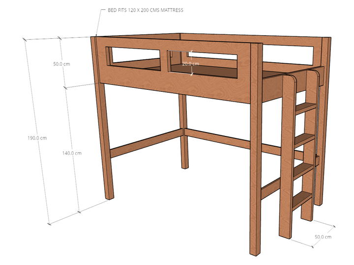 Elgo Loft Bed, fits 90/120/150 x 200 cms Mattress