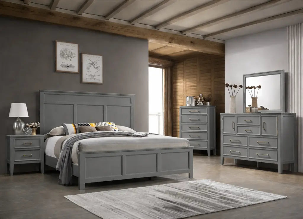 sachin and babi light blue dress Neo Classic Bed with 2 side tables, dresser, mirror & chest of drawers –  Classic Furniture