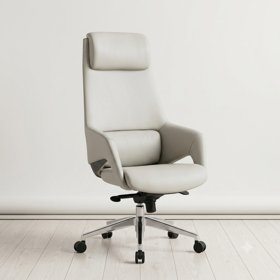White office chair on a light wooden floor with a white wall background