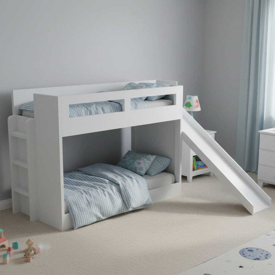 White children's bunk bed with slide in a room setting