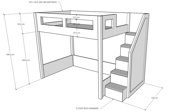 Elega Loft Bed, fits 120 x 200 cms Mattress