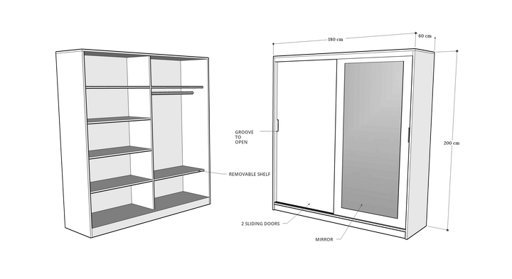 2 Door Sliding Door Wardrobe, 180 x 60 x 200 H cms, Custom Made