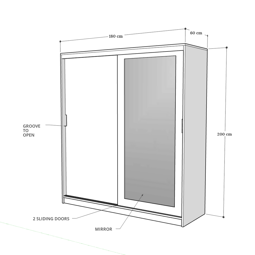 2 Door Sliding Door Wardrobe, 180 x 60 x 200 H cms, Custom Made