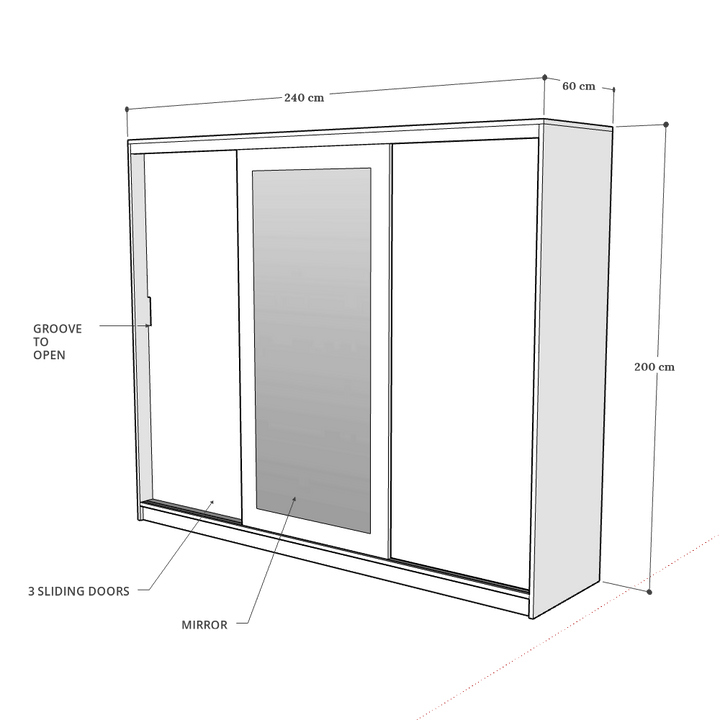 3 Door Sliding Door Wardrobe, 240 x 60 x 200 H cms, Custom Made