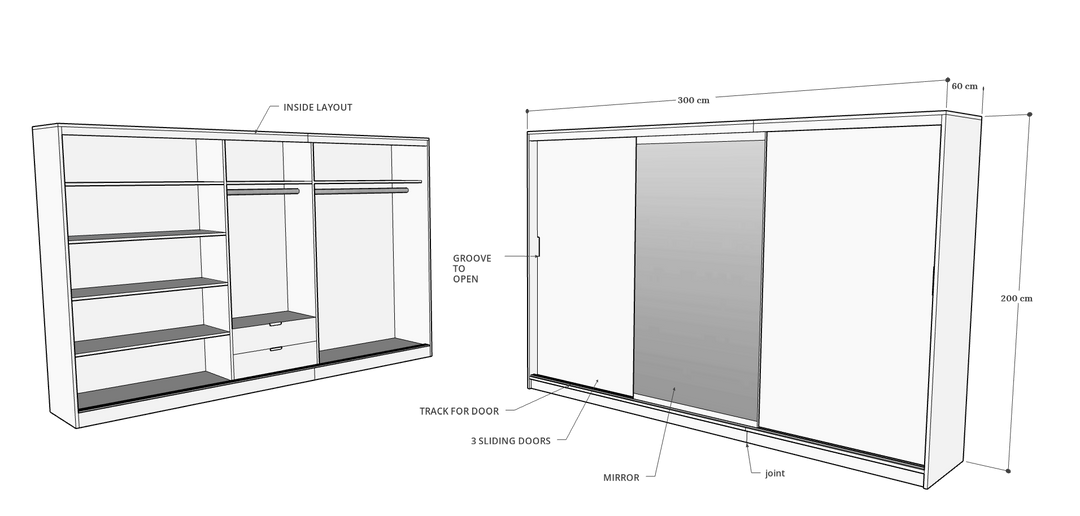 Sliding Door Wardrobe, 300 x 60 x 200 h cms