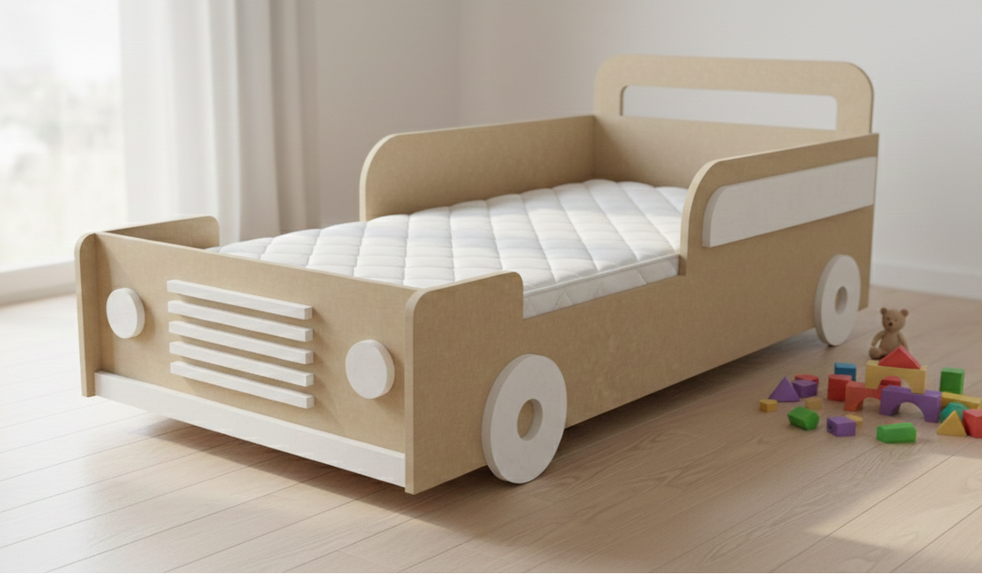 Children's bed designed like a car with a mattress, toys, and a window in the background.