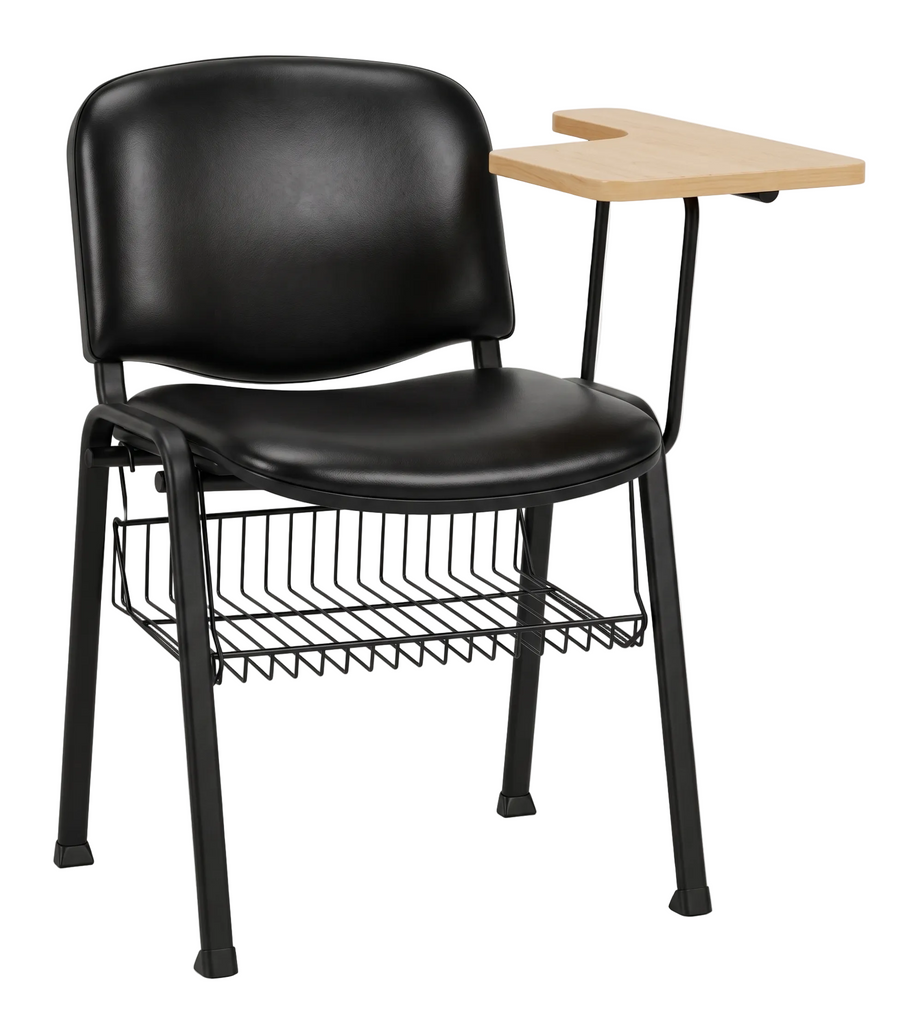 Black chair with a small wooden desk attached on a white background