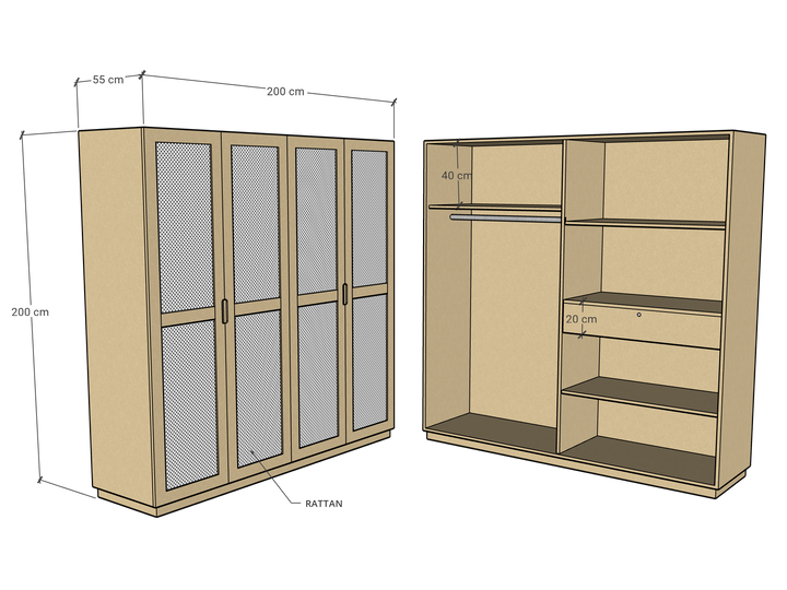 4 Door Rattan Wardrobe, Custom Made