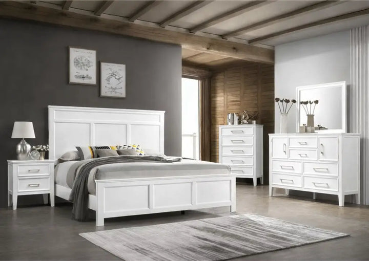 Neo Classic Bed with 2 side tables, dresser, mirror & chest of drawers
