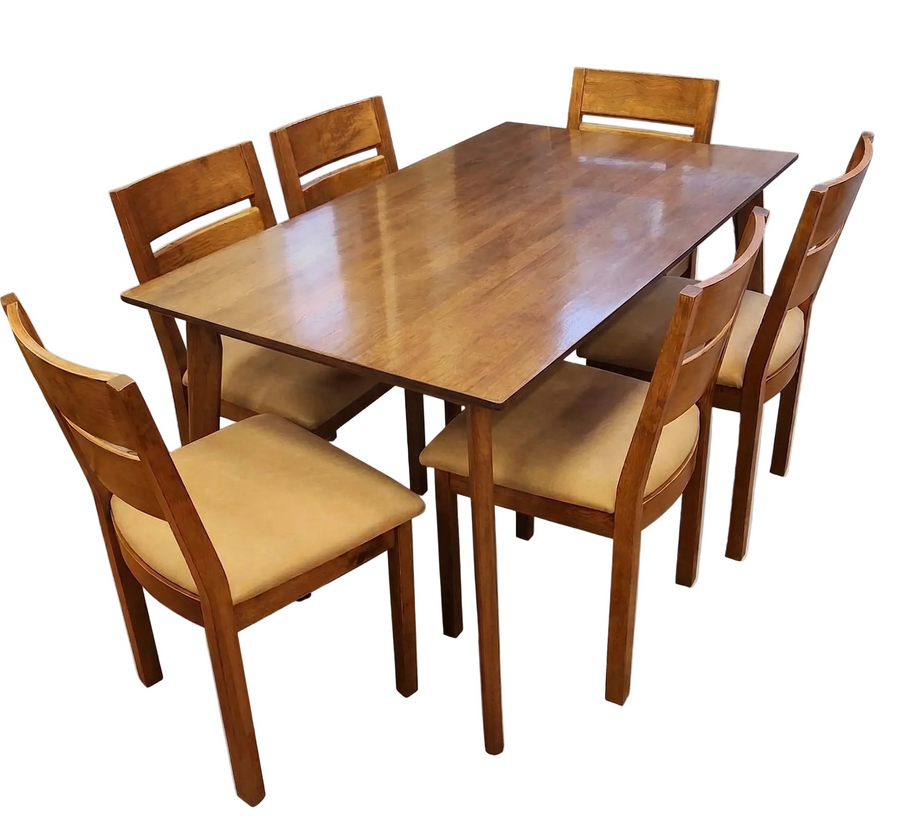 Wooden dining table with six chairs on a white background