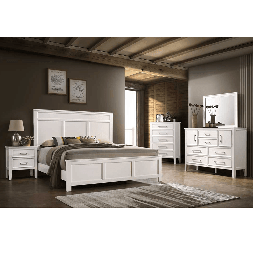 Neo Classic Bed with 2 side tables dresser mirror chest of drawers