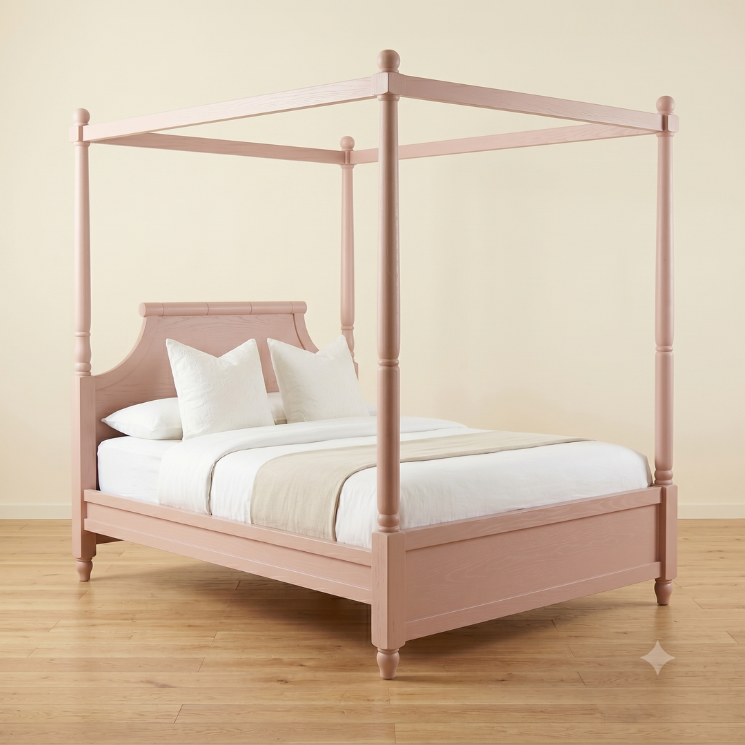Pink four-poster bed with white bedding on a wooden floor and beige wall background